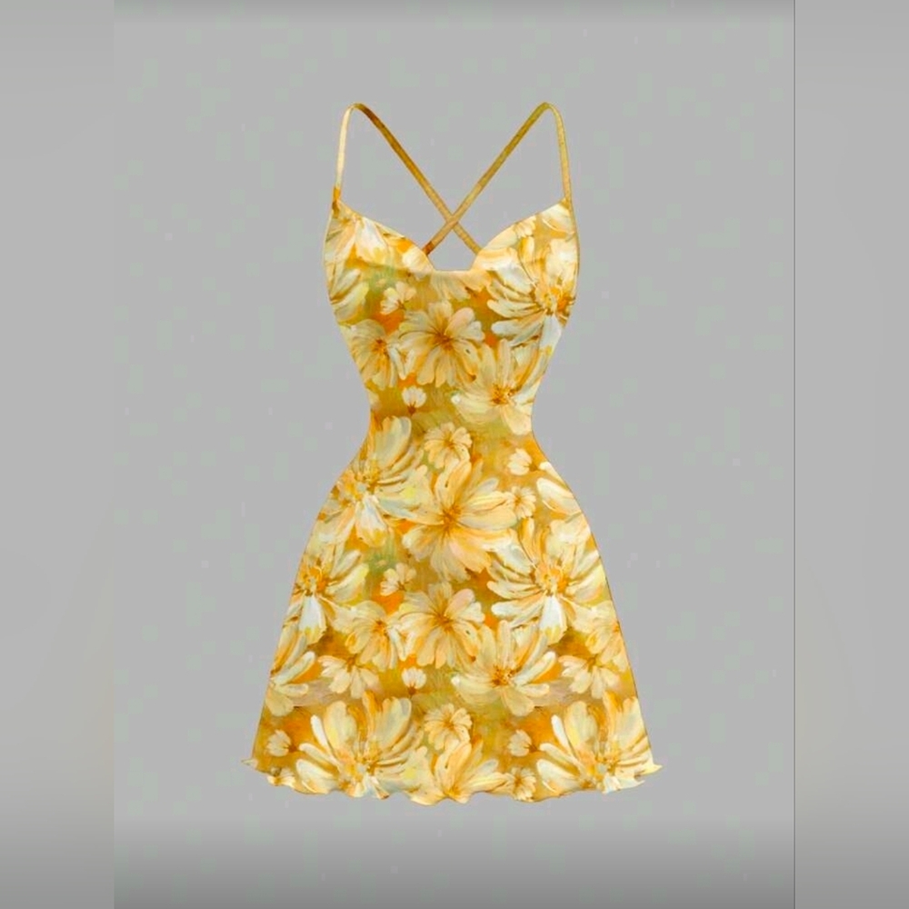 MOD Women's Casual Minimalist Yellow Floral Printed Draped Neck Sleeveless